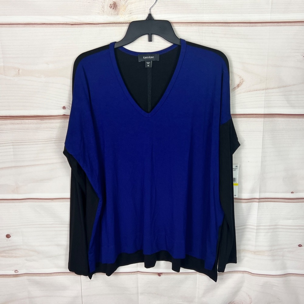 Karen Kane Top Womens Medium Purple Jersey Knit Tunic Blouse V-Neck Long Sleeve